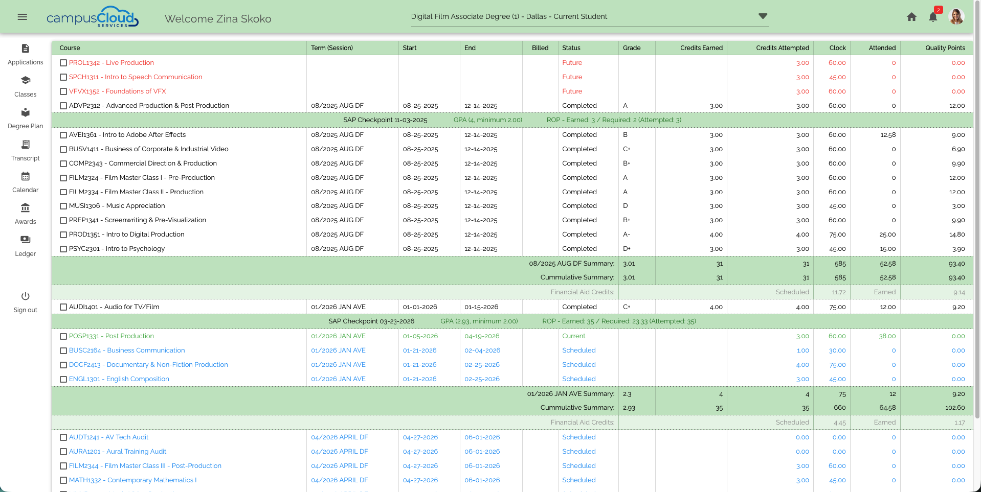 Classes / Transcript View
